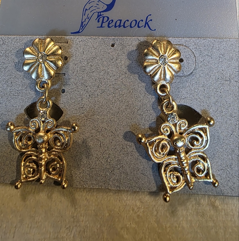 Peacock Brand Gold Butterfly Earrings NWT